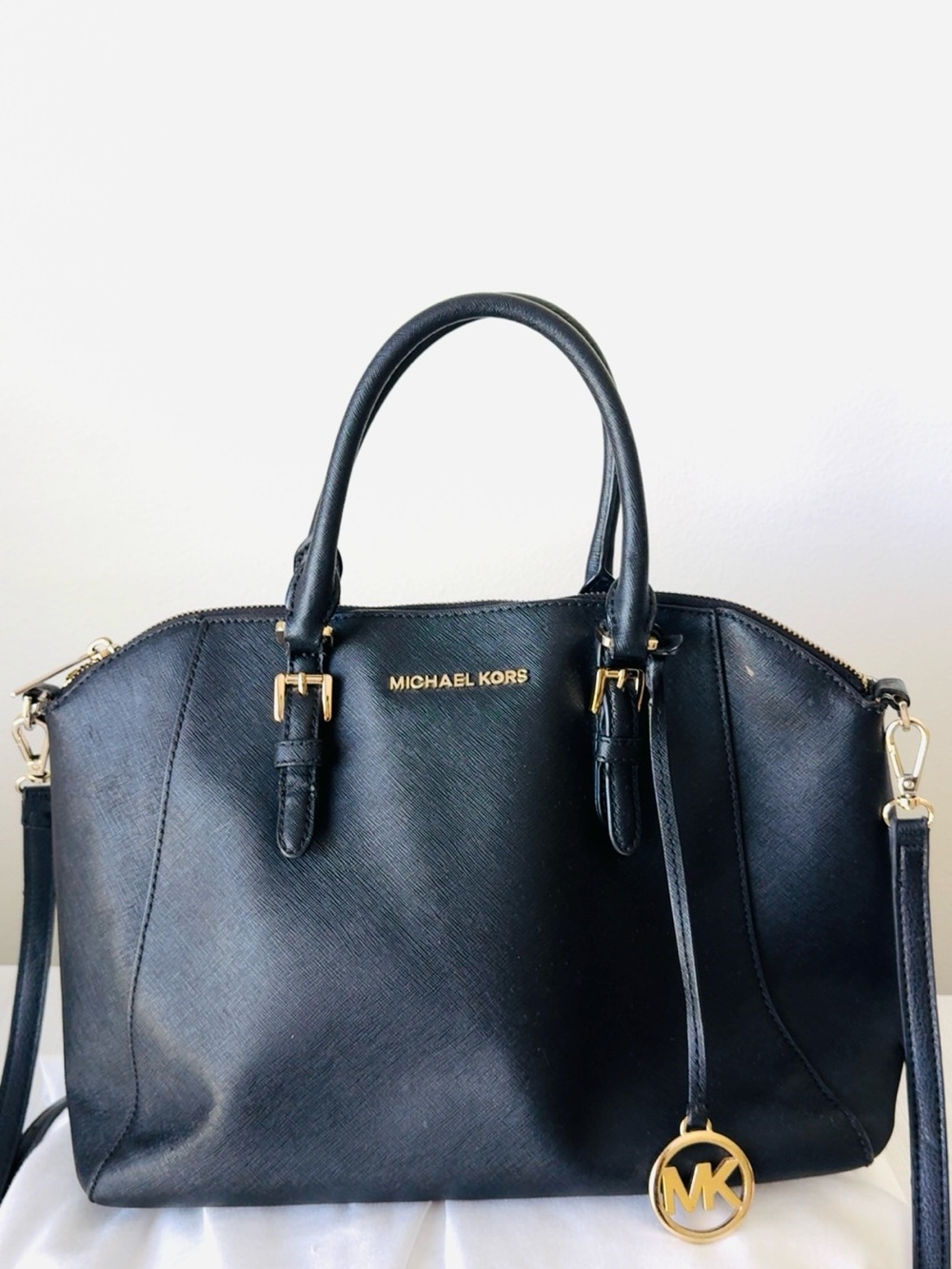Michael Kors Black Leather Satchel with Gold Hardware